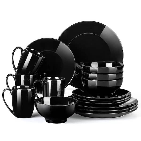LOVECASA 16-Piece Black Porcelain Dinnerware Set (Service for 4) Dinner Plates Dessert Plates Cereal Bowls and Mugs