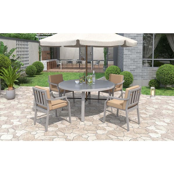 Unbranded 5-Piece Wood Outdoor Dining Set Outdoor Wooden Dinning Set with an Umbrella Hole and Removable Cushions for Patio