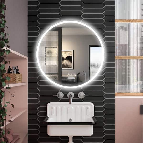 FORCLOVER 26 in. W x 26 in. H Round Acrylic Framed Anti-Fog LED Wall Bathroom Vanity Mirror in Silver