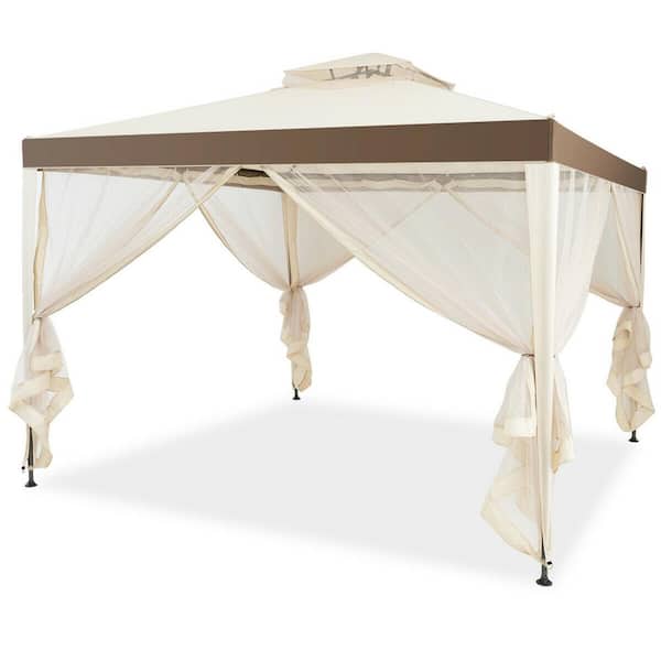 FORCLOVER 10 ft. x 10 ft. Canopy Gazebo Tent Shelter Garden Lawn Patio with Mosquito Netting-Beige