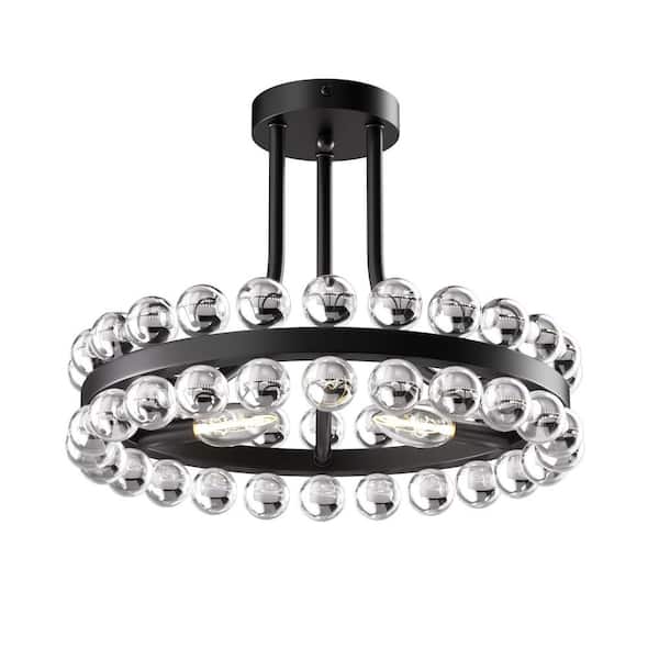 Jackson 16 in. 3-Light Modern Black Ringed Semi-Flush Mount with Clear Crystal Decoration