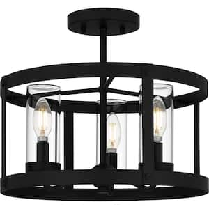 3-Light Matte Black Outdoor Semi-Flush Mount Light with Clear Glass Shades