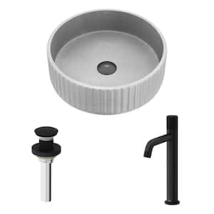 Windsor Gray Concreto Stone Round Fluted Bathroom Vessel Sink with Apollo Faucet and Pop-Up Drain in Matte Black