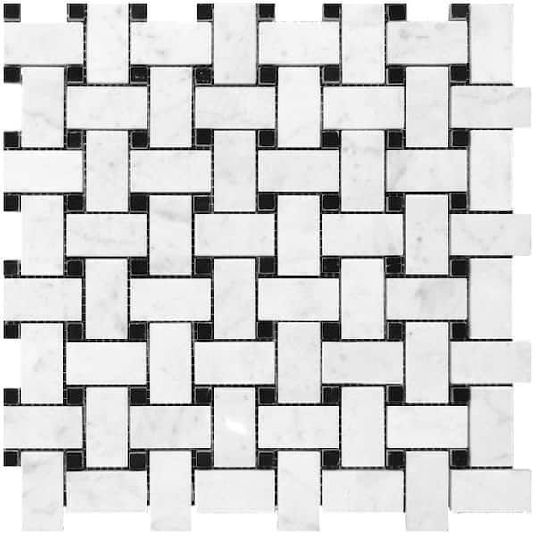 Apollo Tile White and Black 4 in. x 5 in. Basketweave Polished Marble Mosaic Floor and Wall Tile Sample (0.13 sq. ft./Piece)