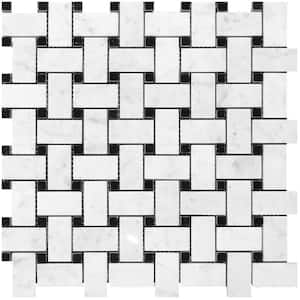 White and Black 12 in. x 12 in. Basketweave Polished Marble Mosaic Floor and Wall Tile (5-Pack) (5 sq. ft./Case)