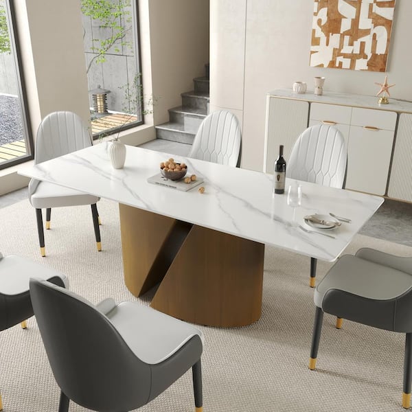 J&E Home White Rectangle Marble Top 71 in. Pedestal Dining Table Seats 8
