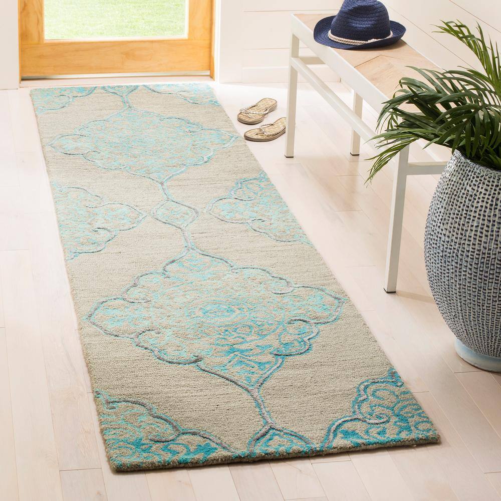 Gray and Turquoise Hand Tufted Wool Silk Runner Rug