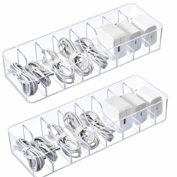 2-Pack Clear Plastic Cable Organizer Box with 20 Silicone Wire Ties, Adjustable Compartments, Desk Cord Storage