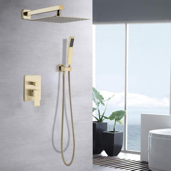 Single-Handle 2-Spray Square 12 in. Wall Mount Shower Head with Hand Shower Faucet in Brushed Gold (Valve Included)