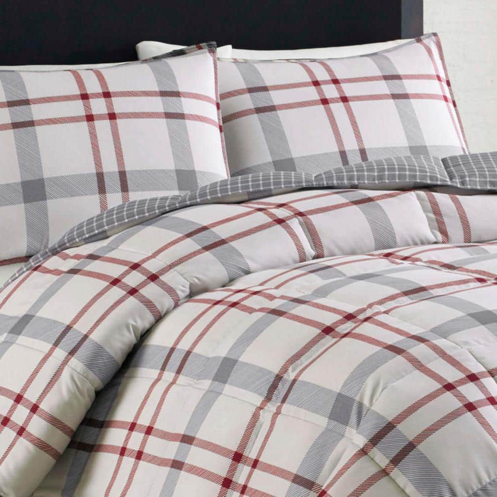 Full/Queen White and Gray Cotton Plaid Duvet Cover Set