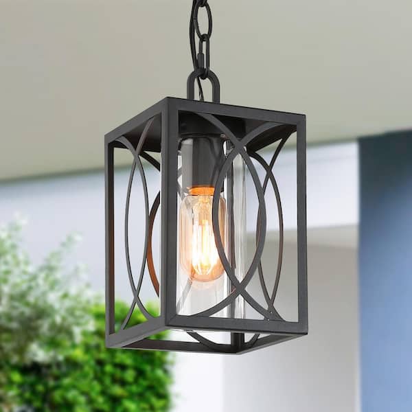 Uolfin Modern Farmhouse Cage Outdoor Hanging Light 1-Light Black Lantern Outdoor Pendant Light with Clear Glass Shade