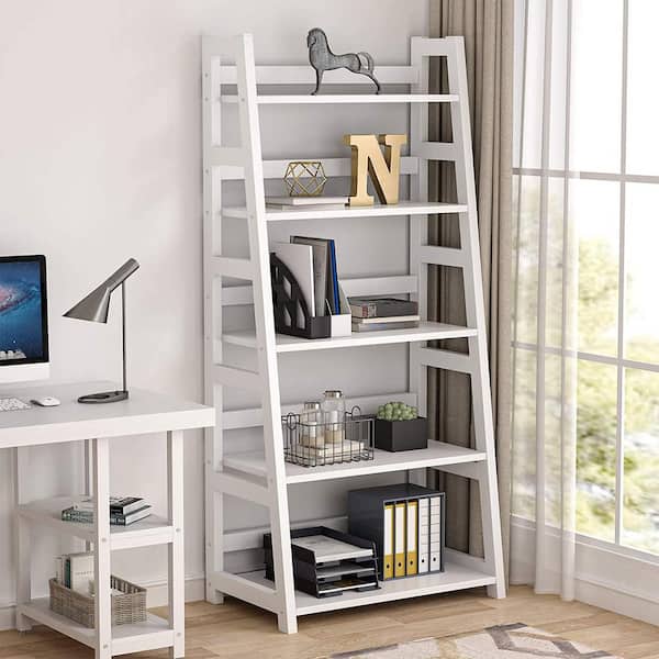 Gallun 56.5 in. White Wood 5-Shelf Ladder Bookcase with Large Weight Capacity