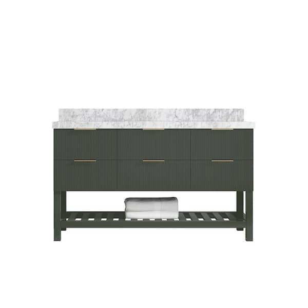 Willow Collections Catalina 60 in. Single Sink Freestanding Pewter Green Bath Vanity with Carrara Marble Top