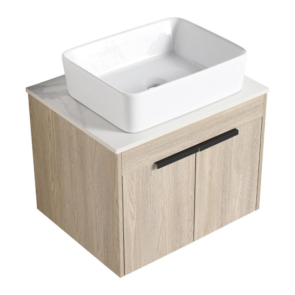 24 in. Wall-Mounted Plywood Bathroom Vanity in White Oak with Soft Close Door and White Rectangular Ceramic Sink Top price history on PriceWatchPro