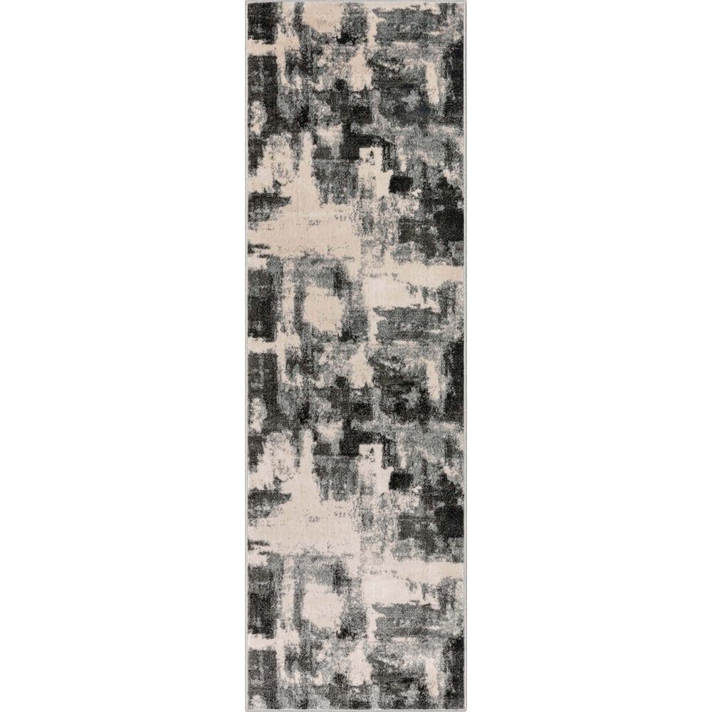 Kalia Grey Black Geometric Synthetic Runner Rug 2'3" x 7'3"