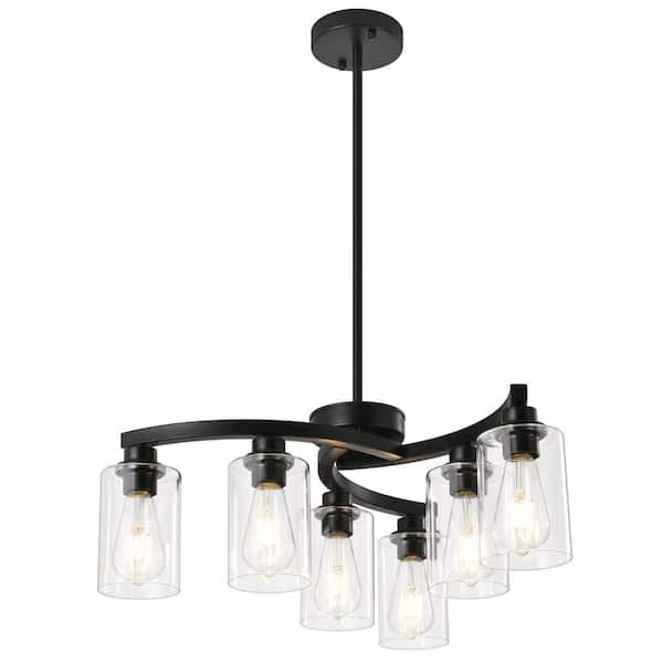 6-Light Modern Farmhouse Black Chandelier with Clear Glass Shade for Kitchen Island Dining Room