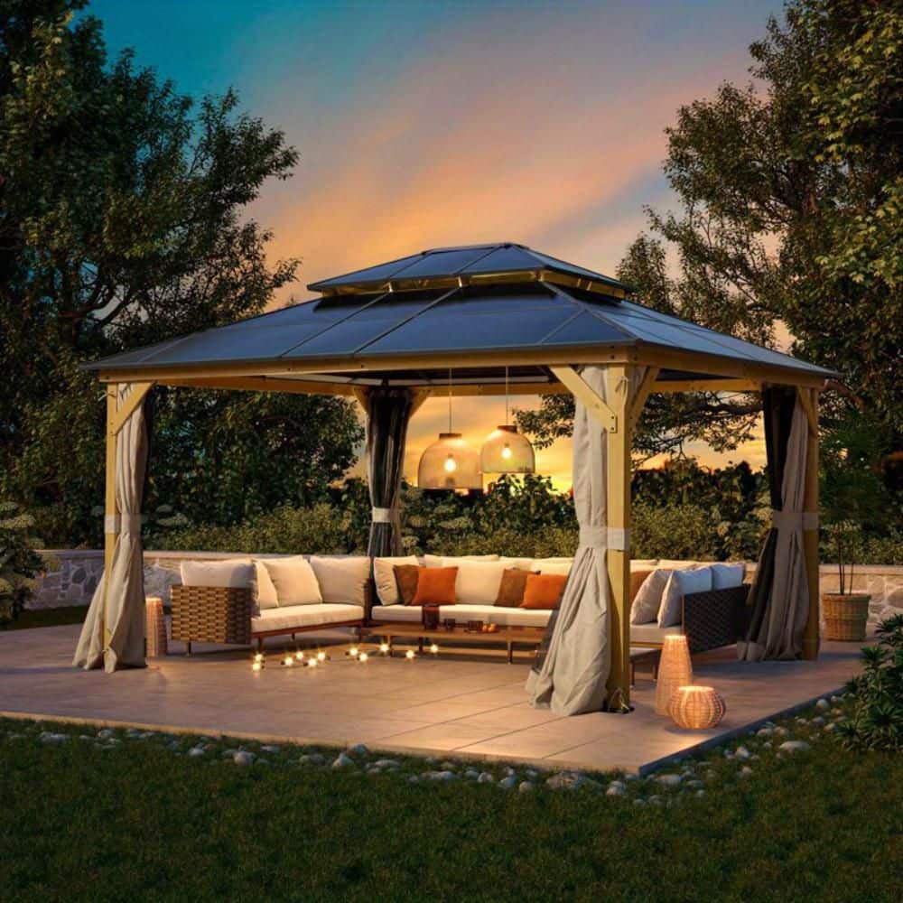 HOMMOW 12 ft. x 14 ft. Wood Gazebo with Black Double Polycarbonate
