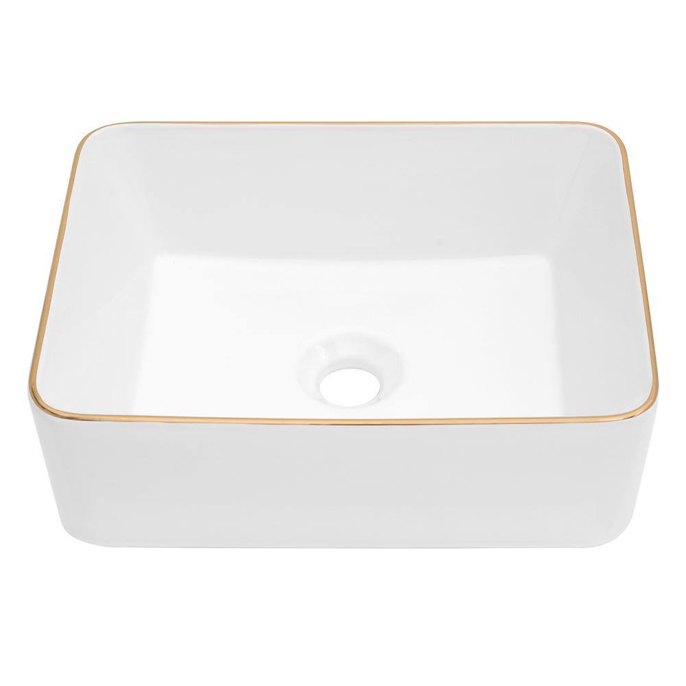 19x15 Inch White Ceramic Rectangular Vessel Bathroom Sink with Gold Trim
