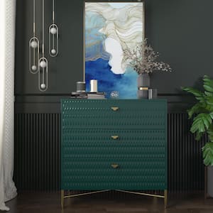 Green 3-Drawer Wood Nightstand with Square Support Legs