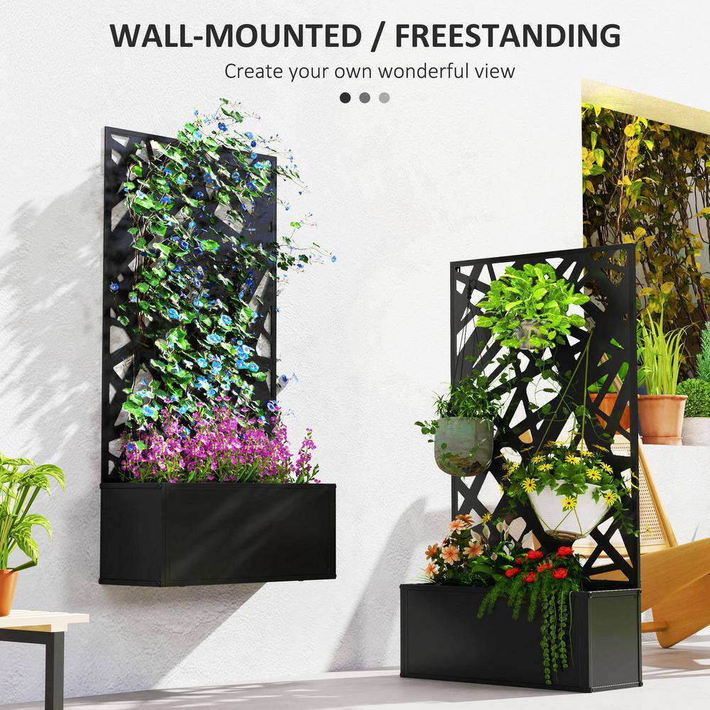 Black Metal Raised Garden Bed with Decorative Trellis Screen