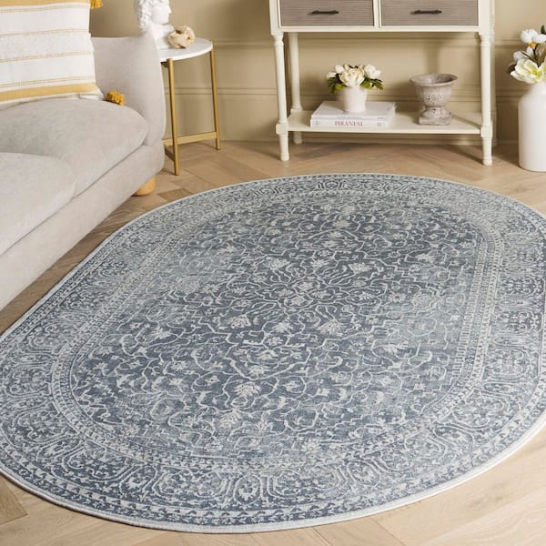 Reflection 5 ft. x 8 ft. Oval Dark Gray/Cream Distressed Floral Area Rug