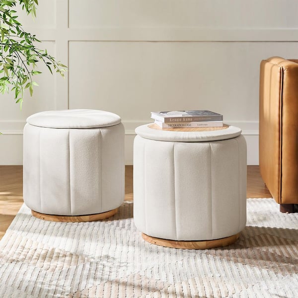 Susan White Polyester Round Ottoman with Swivel Base Set of 2
