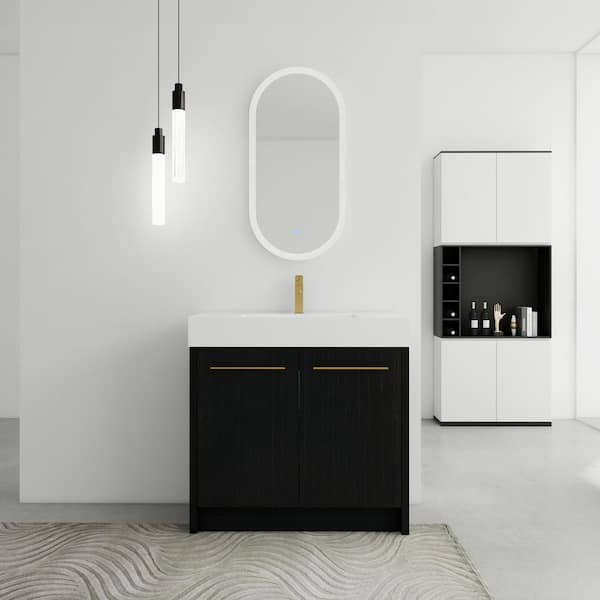 35.4 in. Freestanding Bath Vanity with White Resin Top and Soft Close Doors in Black