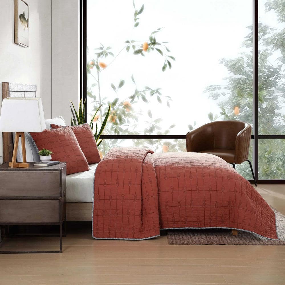 Twin Gray and Terracotta Cotton Reversible Quilt Set