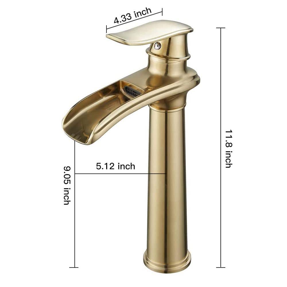 Brushed Gold Tall Single Handle Waterfall Vessel Sink Faucet