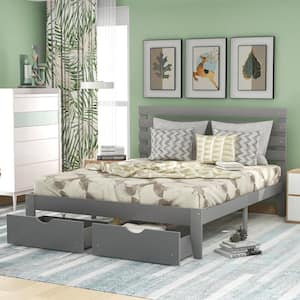 Gray Wood Frame Queen Size Platform Bed with 2-Drawers