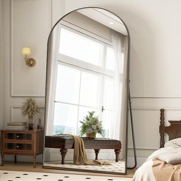 XRAMFY Black 35 in. W x 78 in. H Arched Classic Aluminum Alloy Framed Full Length Mirror Standing Floor Mirror