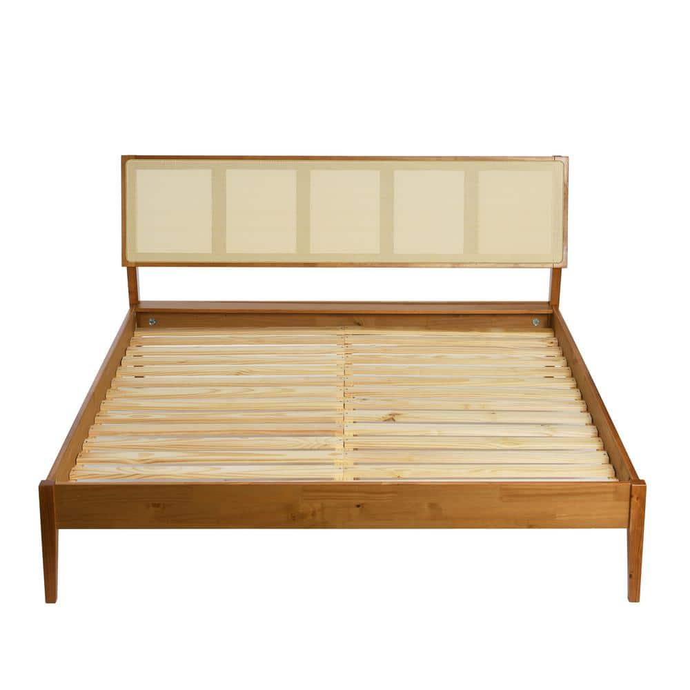 Crawford Queen Bed with Light Brown Pine Frame and Cane Headboard