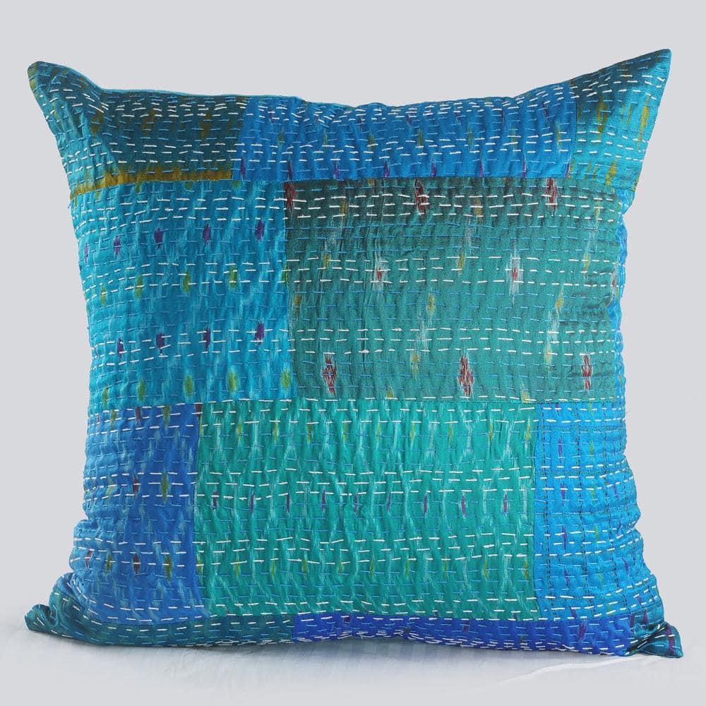 Kantha Blue Graphic Hypoallergenic Polyester 20 in. x 20 in. Throw Pillow