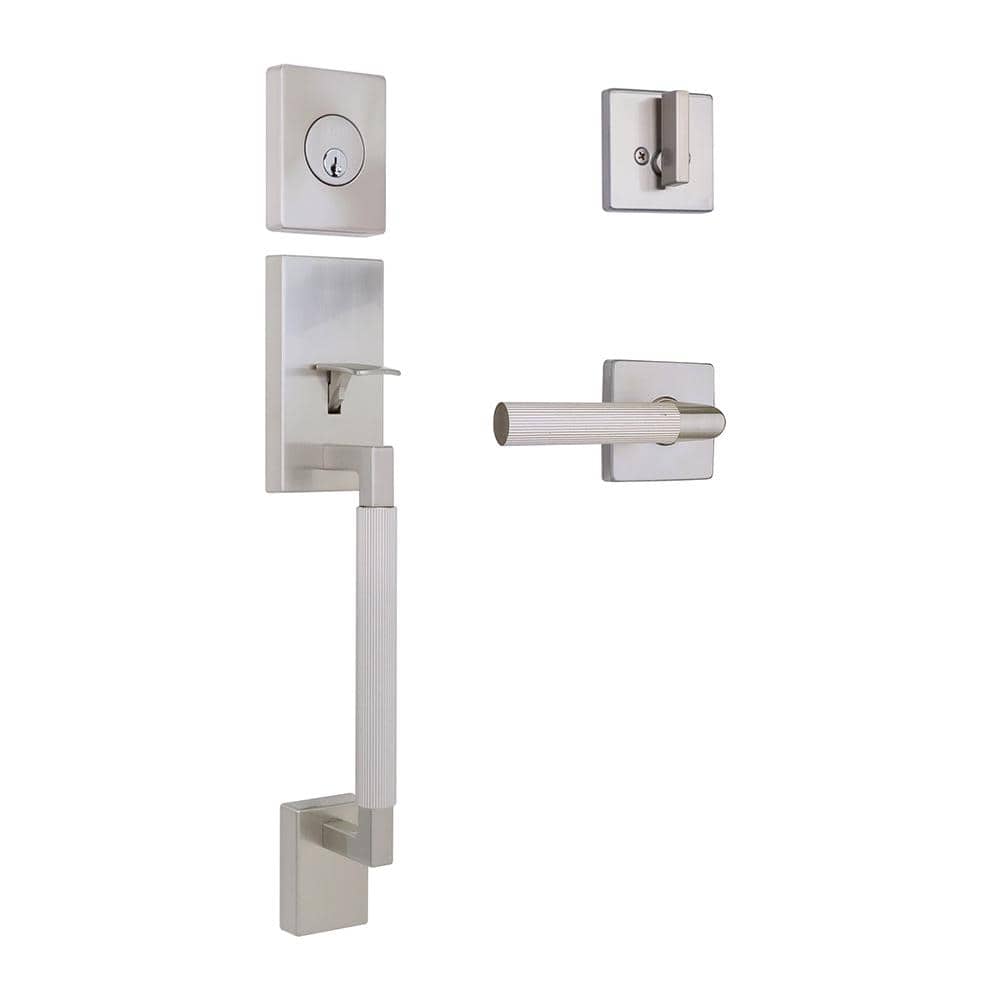 Woodward Satin Nickel Door Handleset with Woodcliff Interior Lever