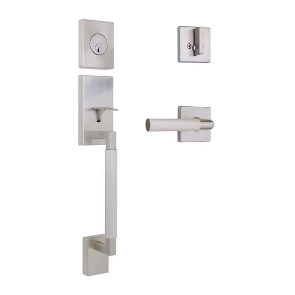 Woodward Satin Nickel Door Handleset with Woodcliff Interior Lever