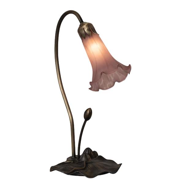 Pond Lily 16 in. Mahogany Bronze Novelty Victorian Accent Table Lamp with Purple Glass Shade