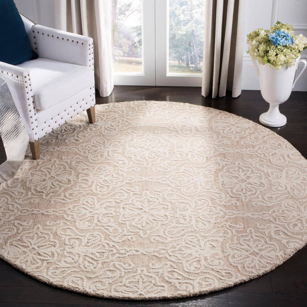 Beige and Ivory Floral Tufted Wool Round Rug, 6'