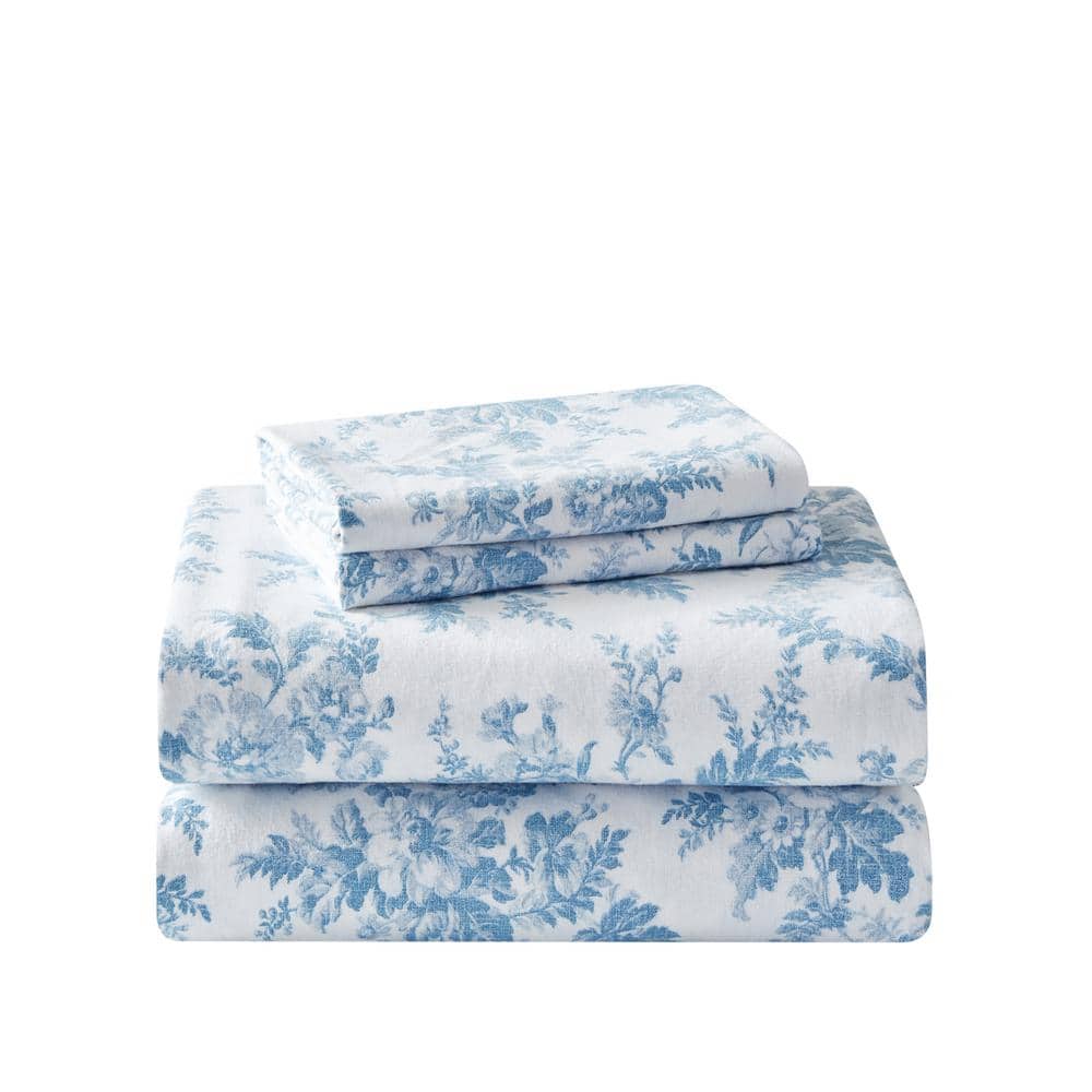 Vanessa Blue Floral Cotton Twin Flannel Sheet Set