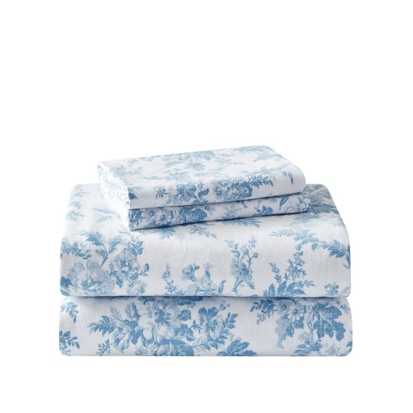 Laura Ashley Vanessa Flannel 3-Piece Blue Floral Cotton Twin Sheet Set