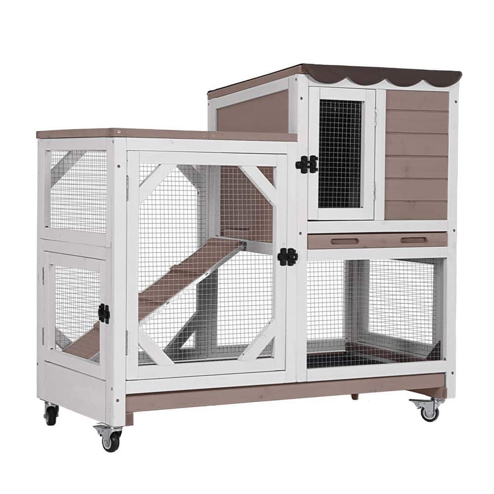 Premium 2-Story Wooden Rabbit Hutch with Casters, Outdoor Indoor Rabbit Hut