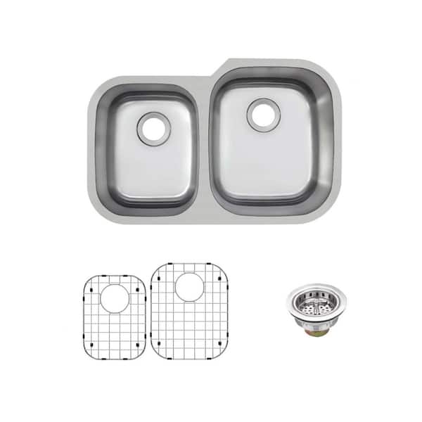 31.5 in. Undermount 40/60 Double Bowl 18-Gauge Stainless Steel Kitchen Sink with Bottom Grids and a Strainer