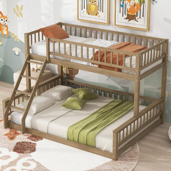 Harper & Bright Designs Detachable Style Walnut Twin XL Over Queen Floor Bunk Bed with Ladder, Slats