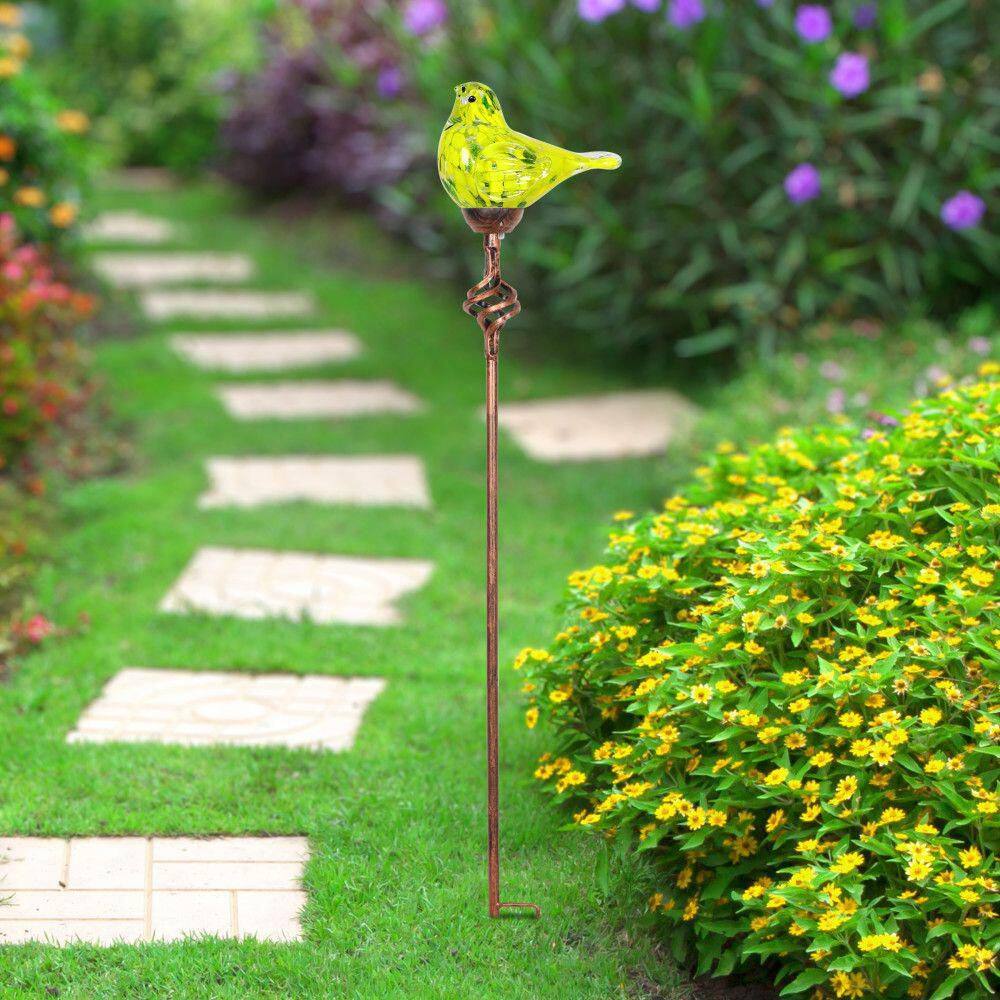 Yellow Hand Blown Glass Bird Solar Garden Stake