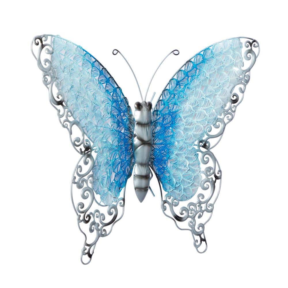 Silver and Blue Metal Butterfly Wall Sculpture