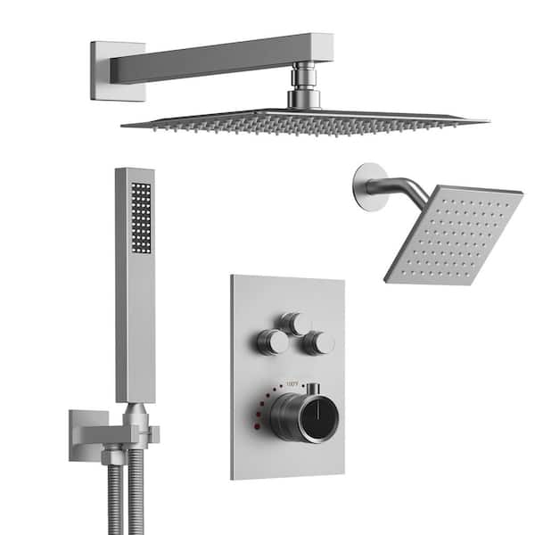 7-Spray 12 in. and 6 in. Dual Wall Mount Shower Head and Handheld Shower Head 2.5 GPM in Brushed Nickel Valve Included