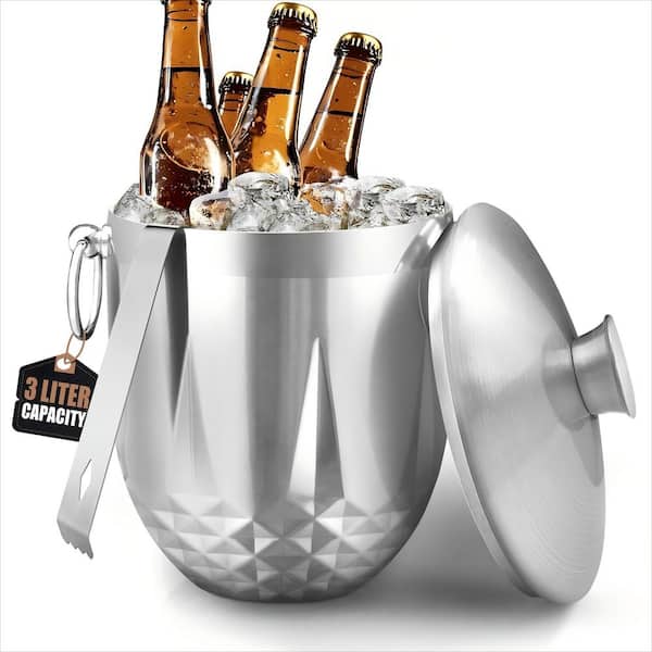 Wudkey 3 L Ice Buckets with Lid, Tongs and Strainer, Double Wall Stainless Steel Ice Bucket Keeps Frozen Longer, Silver