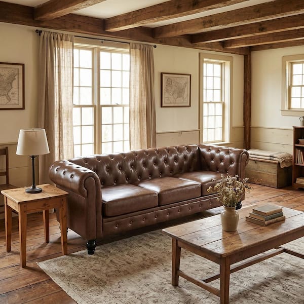 88.2 in. W Rolled Arms PU Rectangle Sofa with Tufted Design in Brown