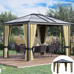 10 ft. x 12 ft. Hardtop Gazebo Canopy with Polycarbonate Roof, Aluminum Frame with Netting and Curtains