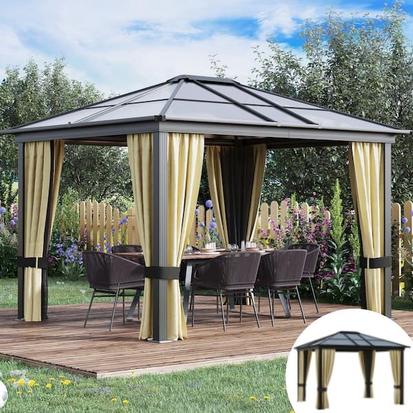 ToolCat 10 ft. x 12 ft. Hardtop Gazebo Canopy with Polycarbonate Roof, Aluminum Frame with Netting and Curtains