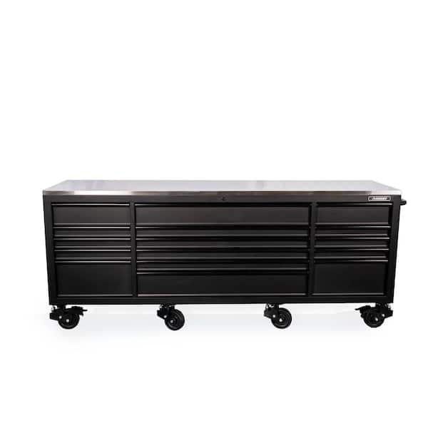Husky 96 in. W x 24 in. D 16-Drawer Heavy-Duty Mobile Workbench with Stainless Steel Top in Matte Black